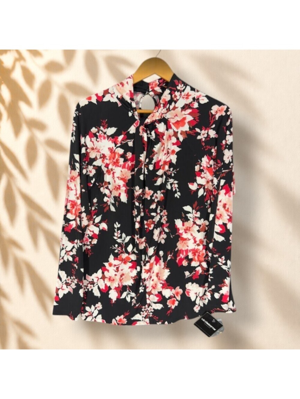 New Liz Claiborne Blouse Women L Large Black Floral V-Neck Long Sleeve Tasseled